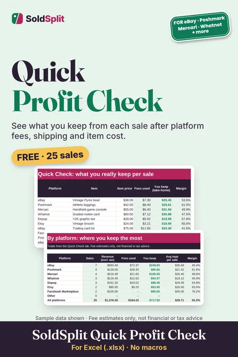 Cover of the SoldSplit Quick Profit Check: a free 25-sale reseller profit tracker spreadsheet