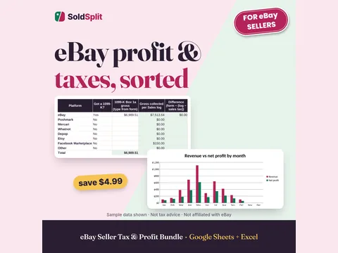 Preview of the eBay Seller Tax & Profit Bundle: headline "eBay profit & taxes, sorted" with an eBay 1099-K table and a revenue vs net profit chart (sample data)