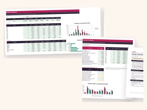 Preview of the Reseller Bundle: the profit tracker dashboard next to the tax records kit's year-end summary
