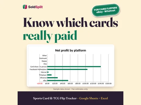 Preview of the Sports Card & TCG Flip Tracker: headline "Know which cards really paid" over a net profit by platform chart (sample data)